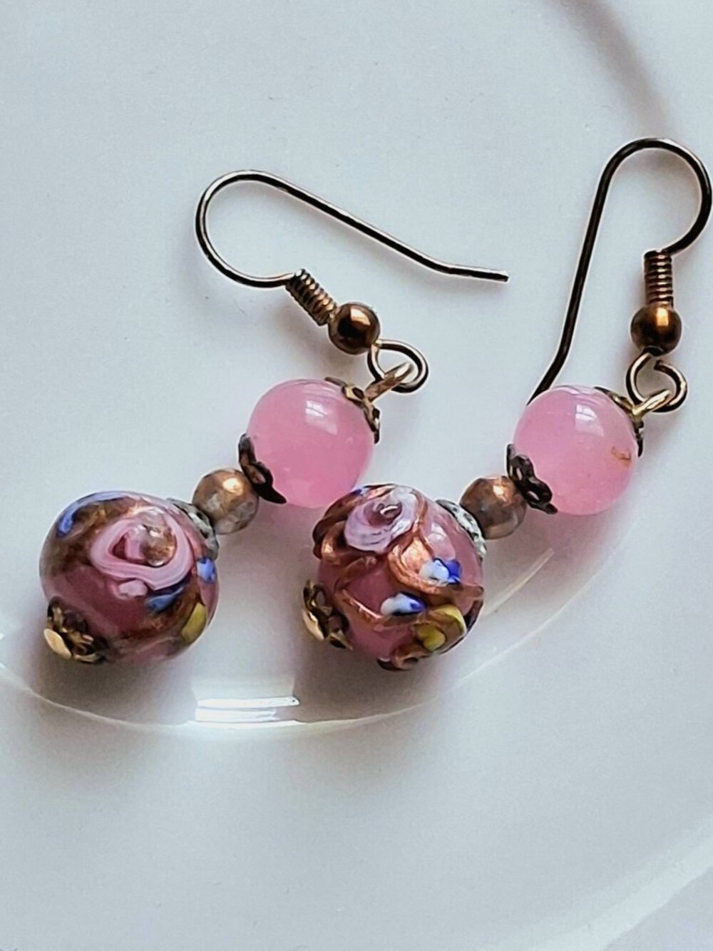 Murano Glass Earrings Italian Venetian wedding cake beads pink fiorato